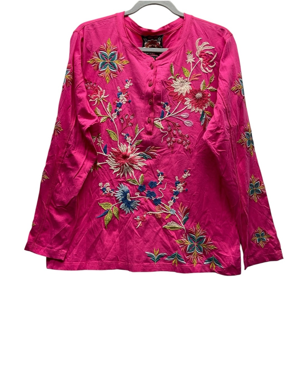 Johnny Was Julie Raw seam Henley Top Size L Embroidered Bohemian Whimsycal